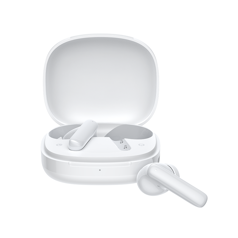 QCY T13 Pro bezprzewodowe słuchawki douszne w białym etui ładującym, jedna słuchawka wyjęta, nowoczesny design, słuchawki Bluetooth z jakością dźwięku