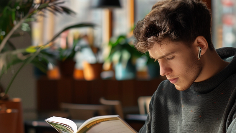 Junger Mann mit kabellosen Ohrhörern liest konzentriert ein Buch – ideal für fokussiertes Lernen und Produktivität.