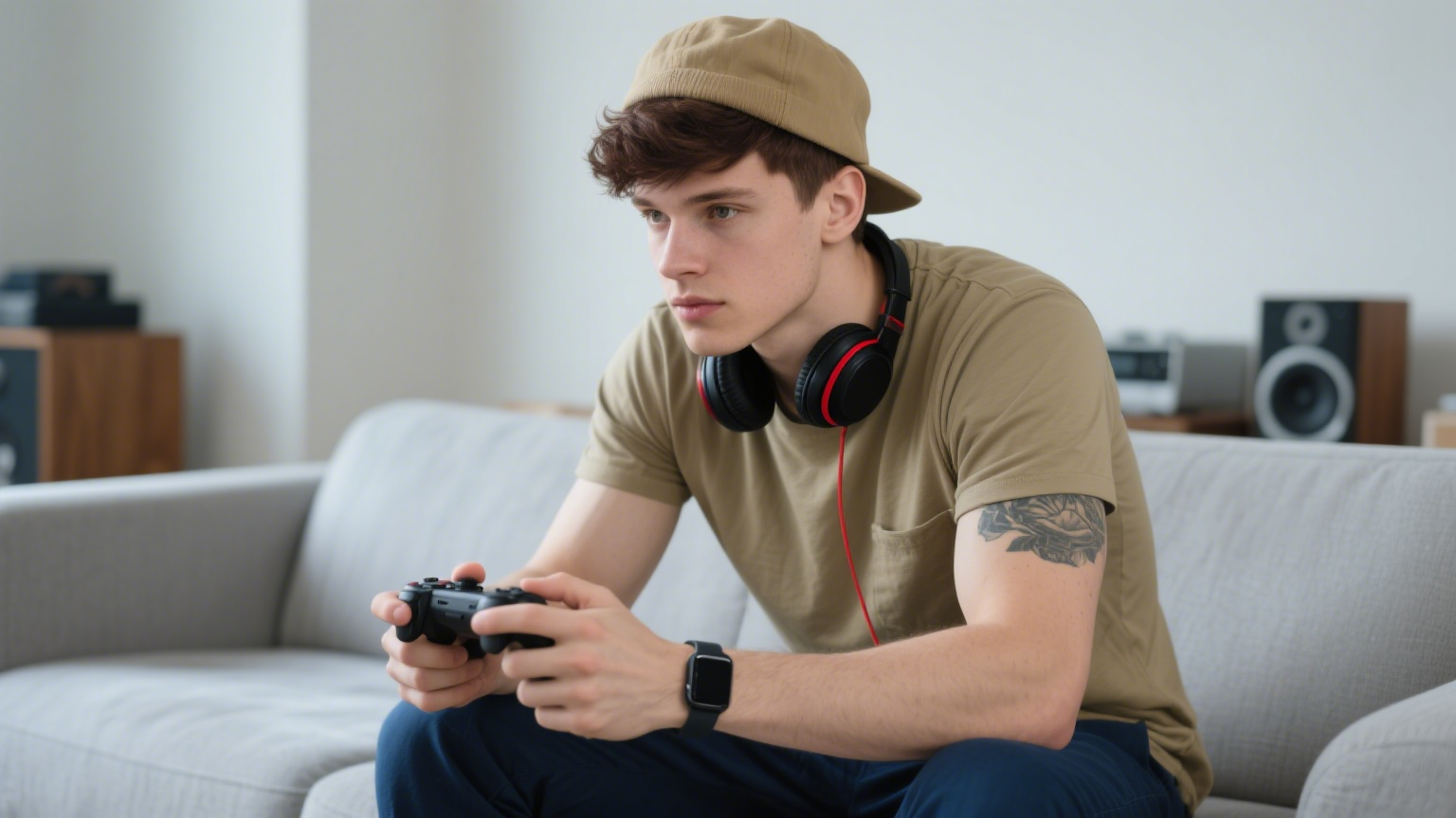 Junger Gamer mit kabellosen Kopfhörern spielt PS5 auf dem Sofa.