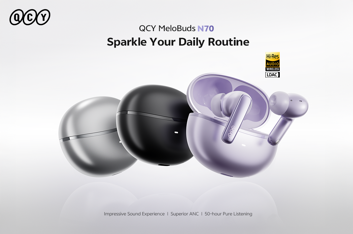 QCY MeloBuds N70: Flaggschiff-Kopfhörer mit USound MEMS für Hi-Res Audio, ANC & 50h Akkulaufzeit – in Silber, Schwarz, Lila.