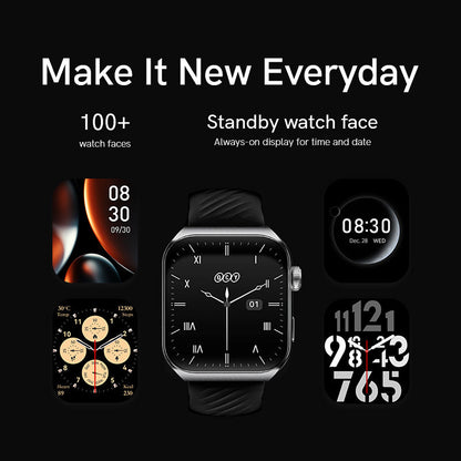 Black QCY Watch GS2 displaying over 100 watch faces and an always-on display for time and date