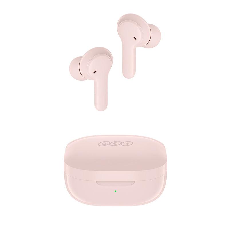 Pink QCY T13 wireless earbuds shown with charging case, featuring sleek design and LED indicator