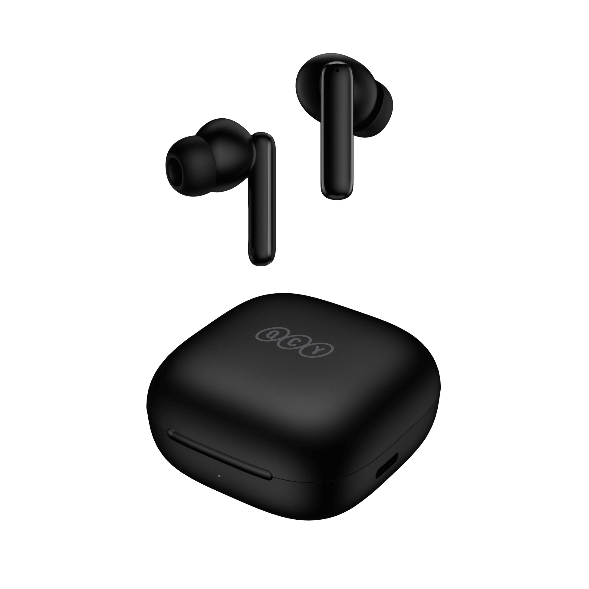 Black QCY T13 ANC earbuds floating above charging case, front-angled view showing sleek design and LED indicator