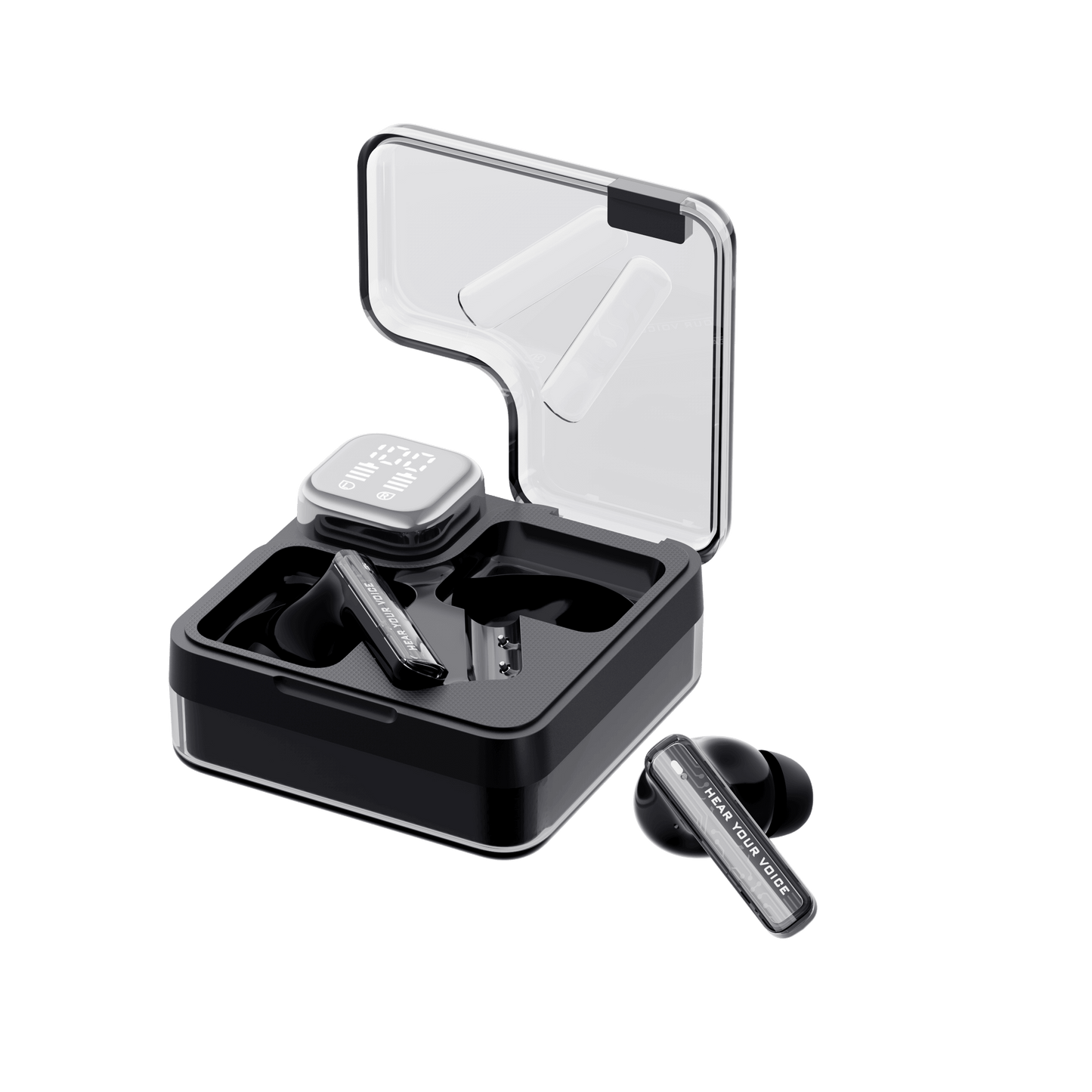 Black QCY MeloBuds Neo earbuds in open clear case with display, "Hear Your Voice" text visible.