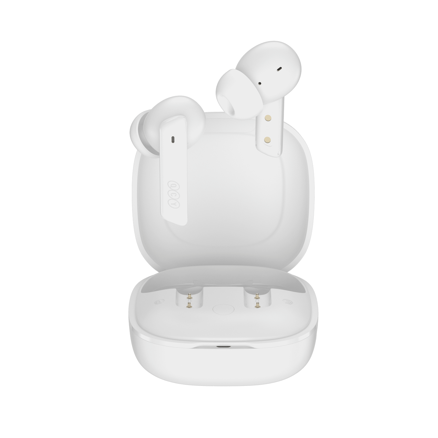 White QCY MeloBuds ANC earbuds with open charging case, sleek design on white background.