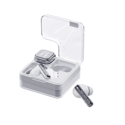 White QCY MeloBuds Neo earbuds in open clear case with display, "Hear Your Voice" text visible.