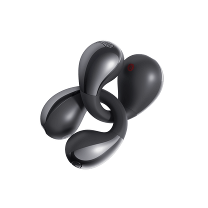 Black QCY Crossky C30 earbuds arranged in artistic spiral pattern showing L/R indicators on light background.