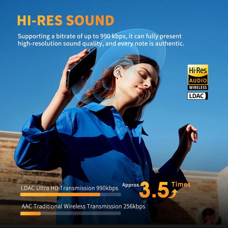 Black QCY AilyBuds Pro+ with Hi-Res audio support up to 990kbps LDAC, 3.5x higher than standard AAC transmission.