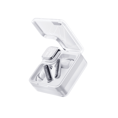 Black QCY MeloBuds Neo earbuds in open clear case with digital display, "Hear Your Voice" text visible.