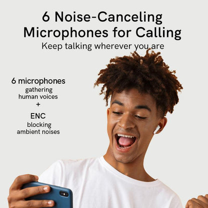 Black QCY MeloBuds ANC earbuds with 6 noise-canceling microphones for clear calls, shown on model using phone.