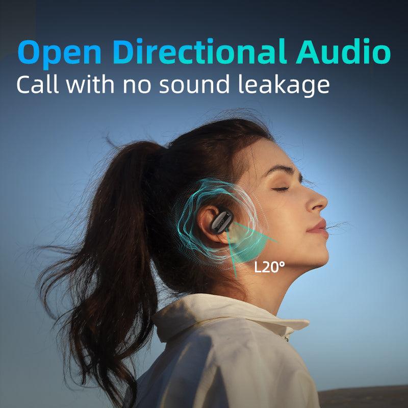 Black QCY Crossky GTR2 earbud worn by model, highlighting open directional audio for calls with no sound leakage