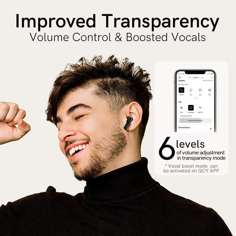 White QCY MeloBuds ANC with improved transparency, 6 volume levels, and boosted vocals, shown on model with app interface.