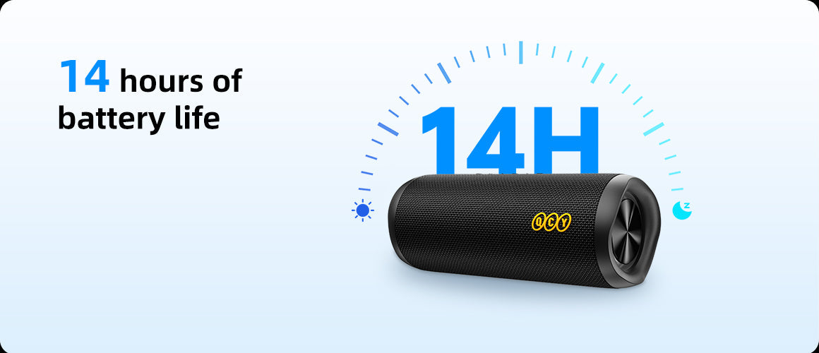 Głośnik Bluetooth QCY z 14 godzinami pracy na baterii. Czarny, kompaktowy, idealny w podróży.