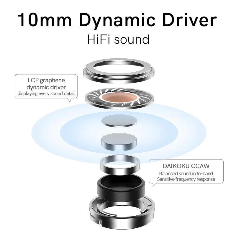Black QCY MeloBuds ANC with 10mm dynamic driver, LCP graphene for HiFi sound, and DAIKOKU CCAW for balanced audio.