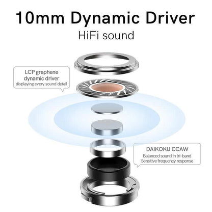 Black QCY MeloBuds ANC with 10mm dynamic driver, LCP graphene for HiFi sound, and DAIKOKU CCAW for balanced audio.