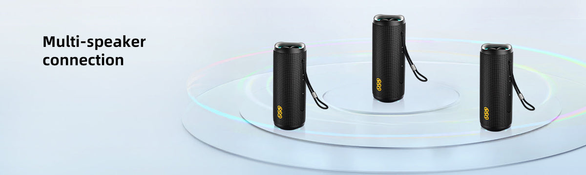 Trzy przenośne głośniki Bluetooth z funkcją łączenia wielu głośników dla potężnego, pełnego doświadczenia dźwiękowego.