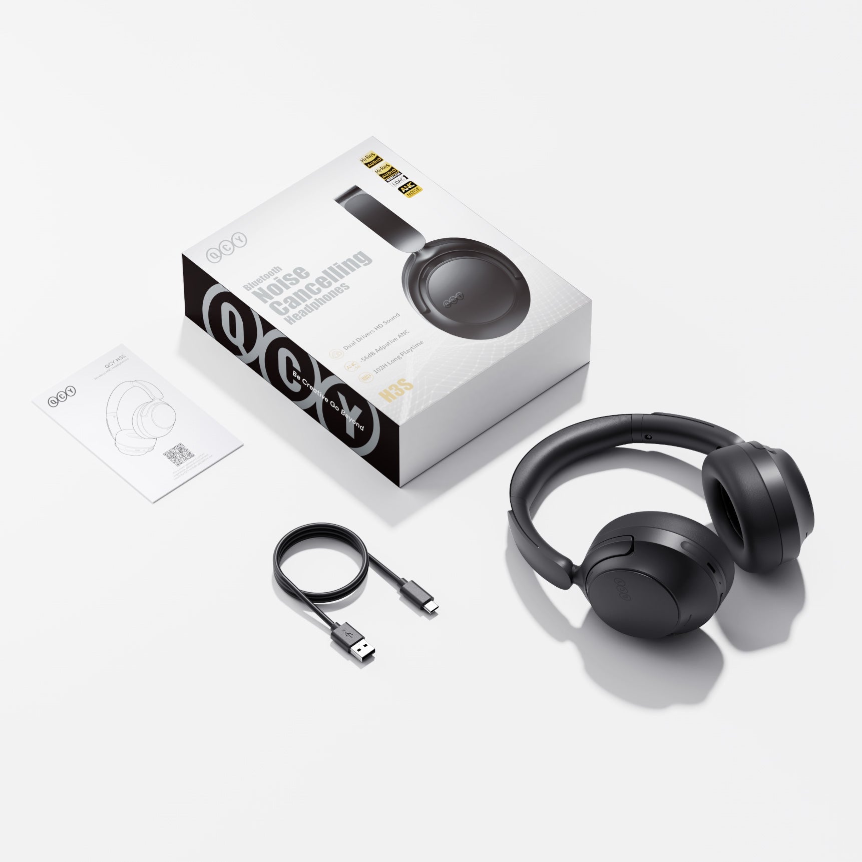 QCY H3S czarne słuchawki Bluetooth z redukcją szumów, z kablem ładującym USB-C i instrukcją.