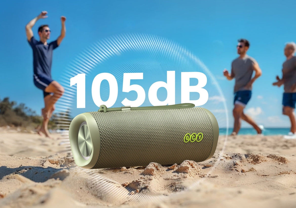 Głośnik Bluetooth Ocy 105dB na piasku, impreza na plaży z przyjaciółmi, wytrzymała konstrukcja do użytku na zewnątrz