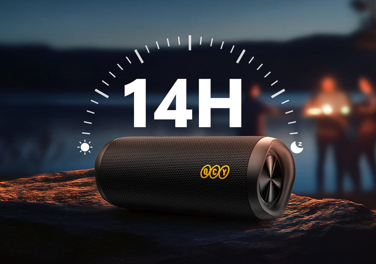QCY przenośny głośnik Bluetooth z 14 godzinami pracy na baterii, czarny, do użytku na zewnątrz.