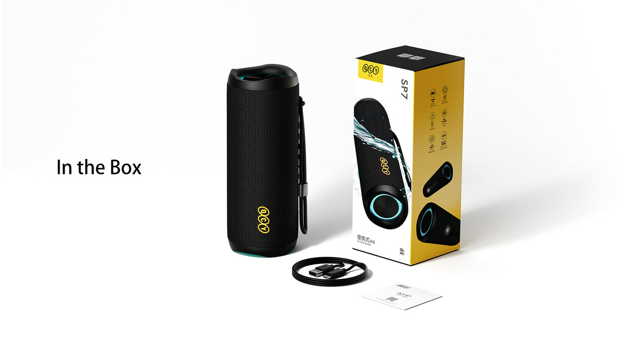 Przenośny głośnik Bluetooth SP7 z wodoodpornością, kablem USB i opakowaniem.