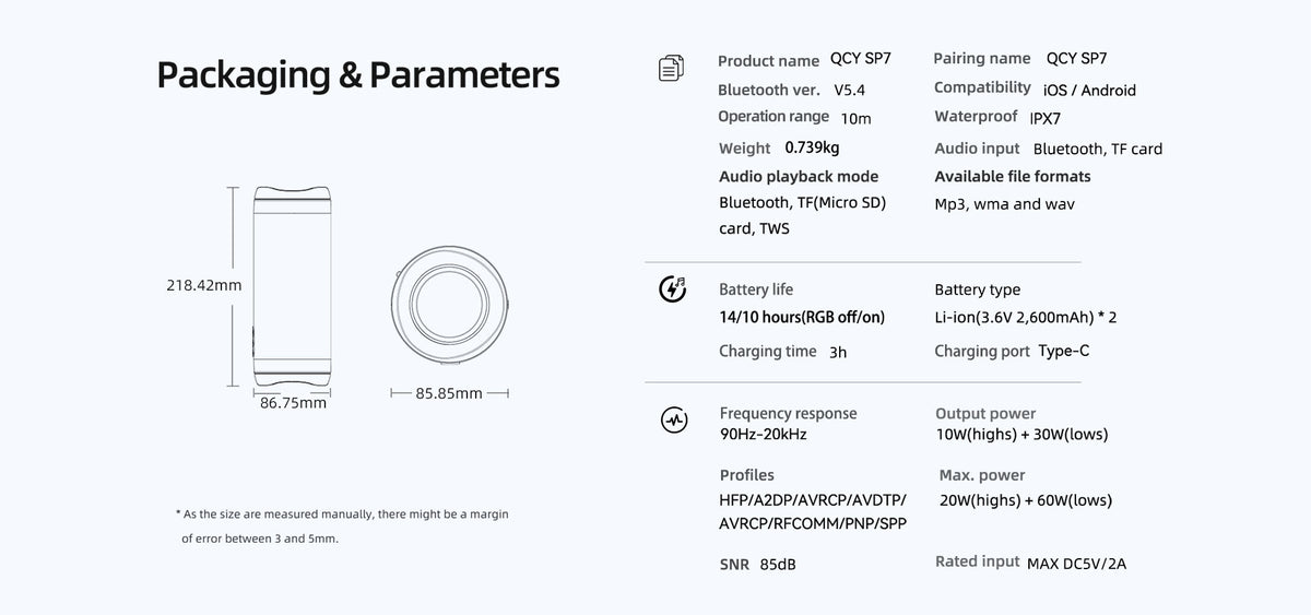 Głośnik Bluetooth QCY SP7: Dane techniczne i wymiary. Wodoodporny IPX7, moc 40W, czas pracy na baterii 14h, Type-C.