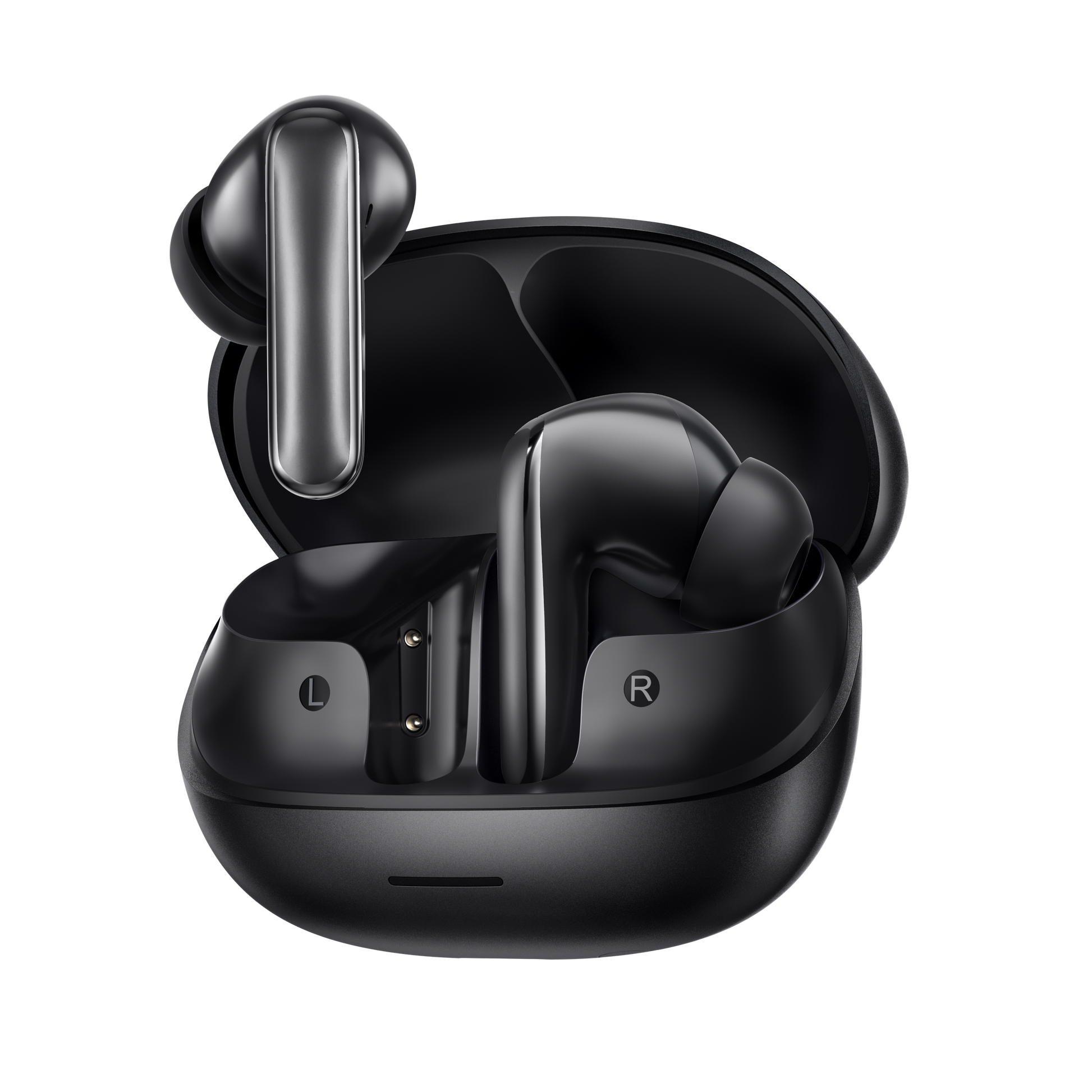 MeloBuds N65 – czarne słuchawki True Wireless z etui ładującym, oznaczenie L/R.