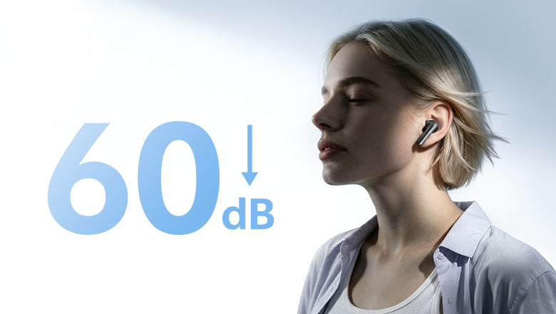 Kobieta z słuchawkami Bluetooth, tłumienie hałasu 60 dB.