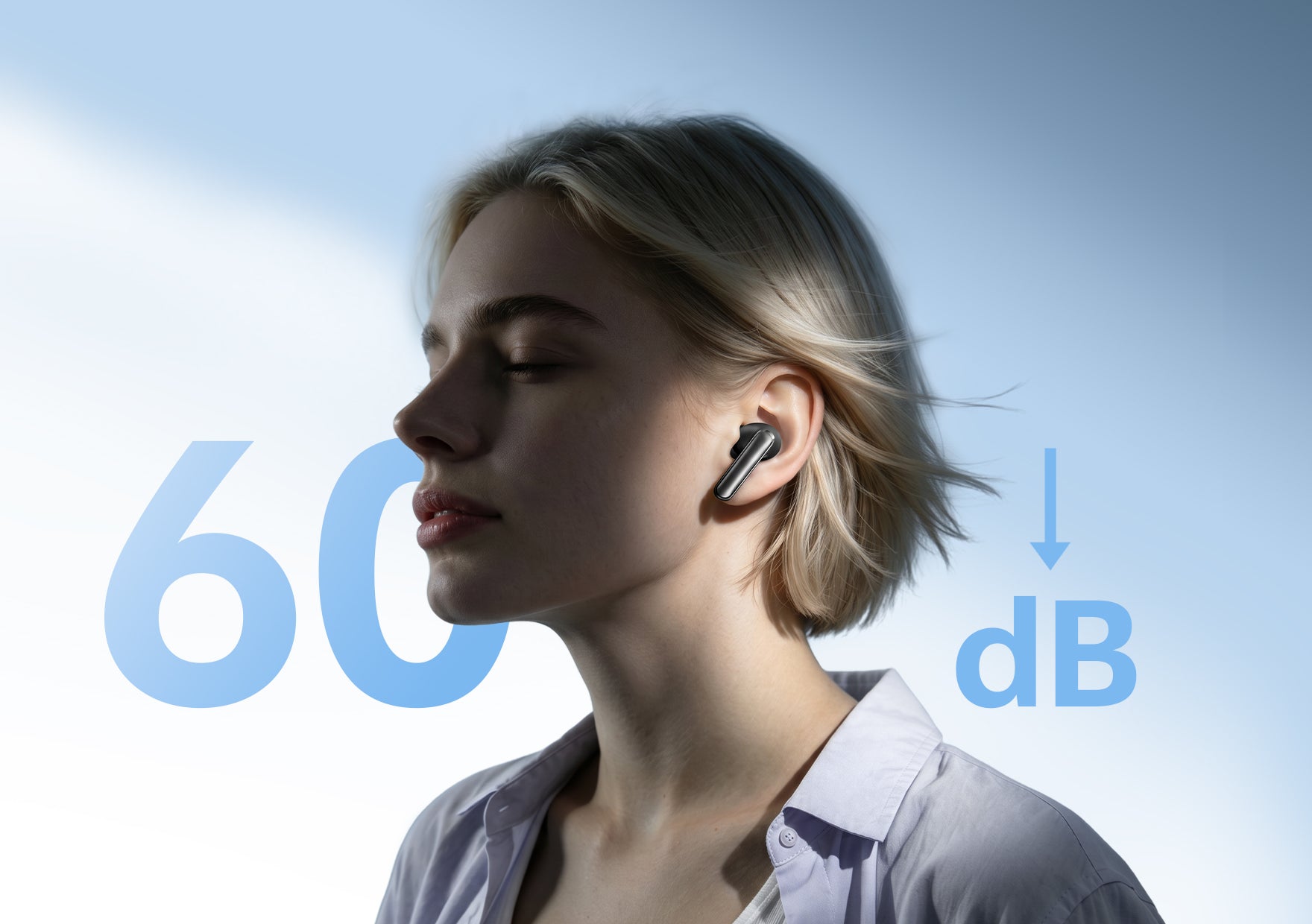 Kobieta z słuchawkami Bluetooth, tłumienie hałasu 60 dB.