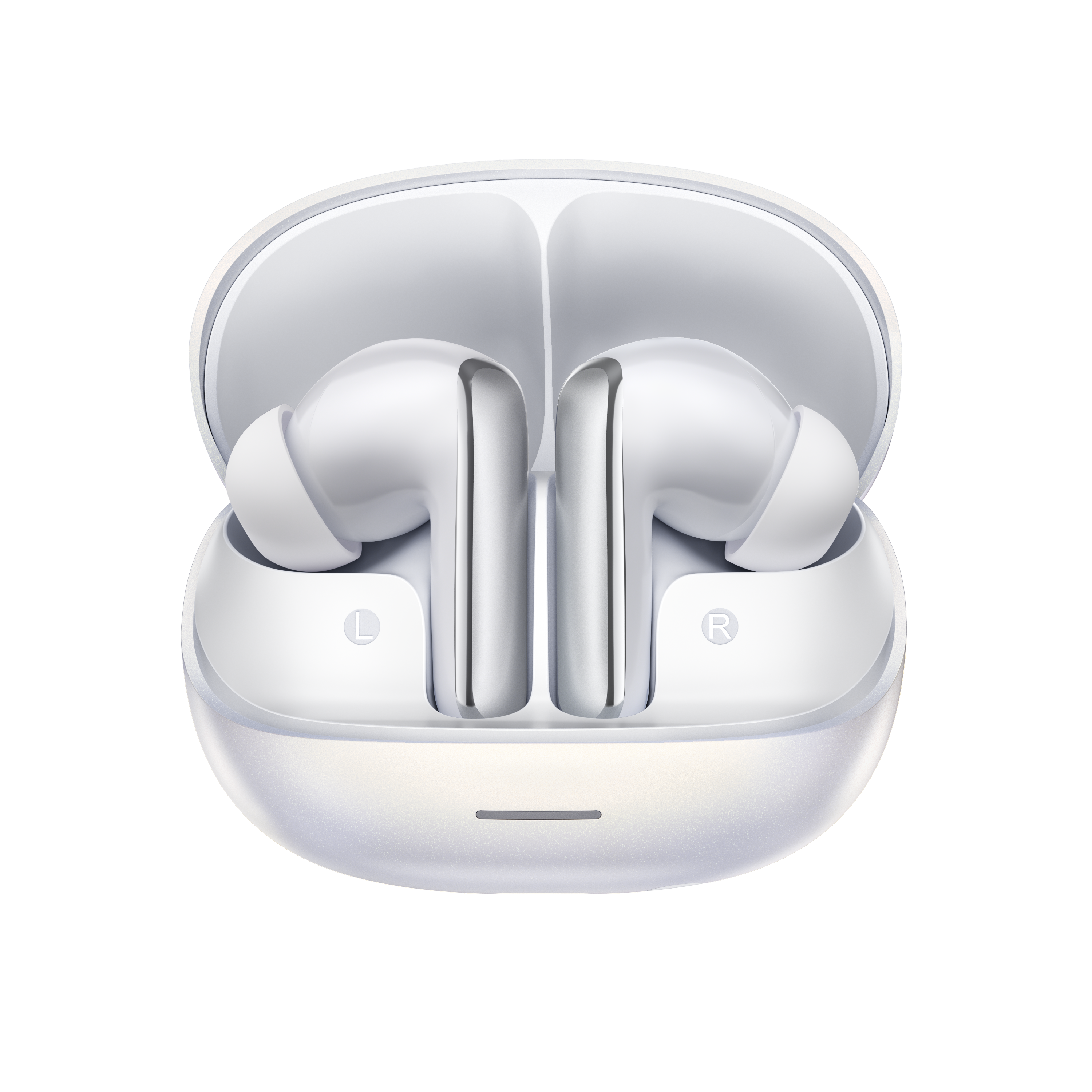 MeloBuds N65 – białe słuchawki True Wireless z etui ładującym, oznaczone L i R.