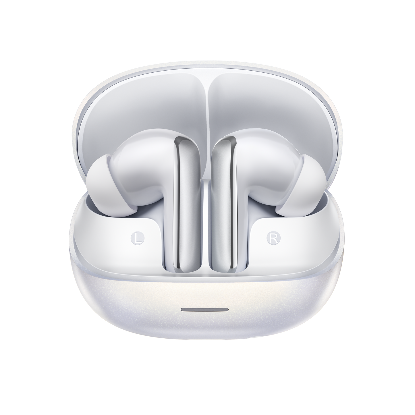 MeloBuds N65 – białe słuchawki True Wireless z etui ładującym, oznaczone L i R.