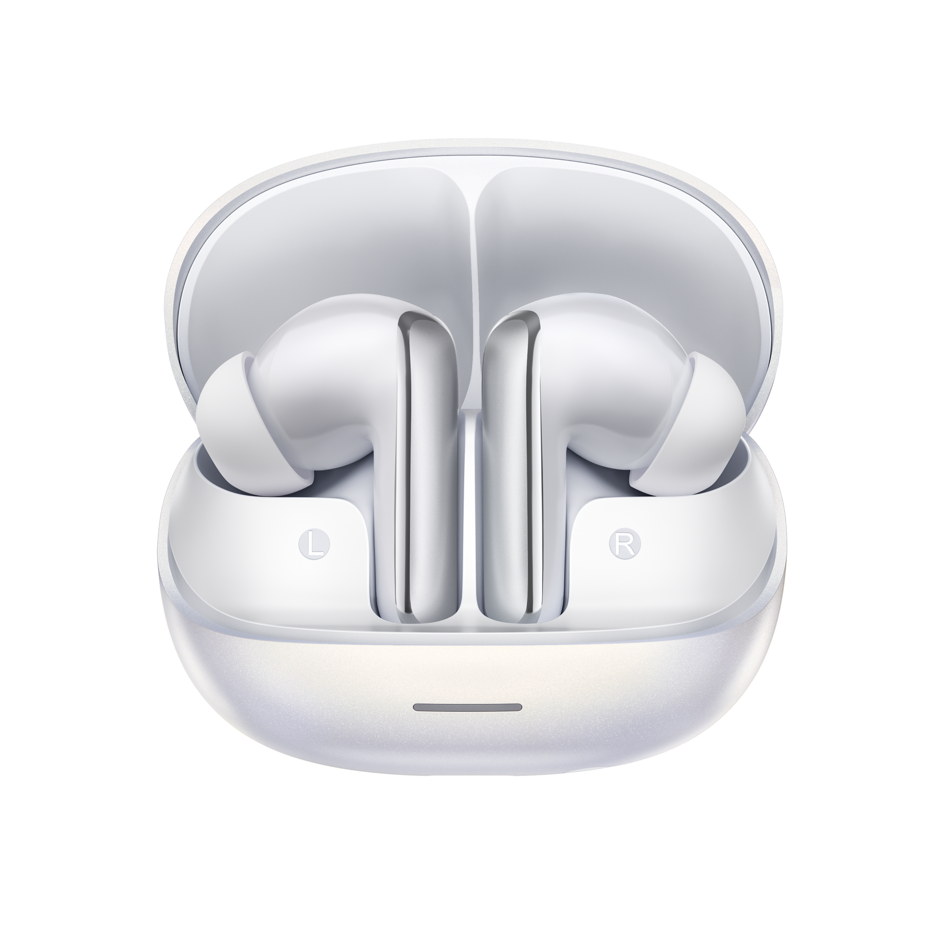 MeloBuds N65 – białe słuchawki True Wireless z etui ładującym, oznaczone L i R.