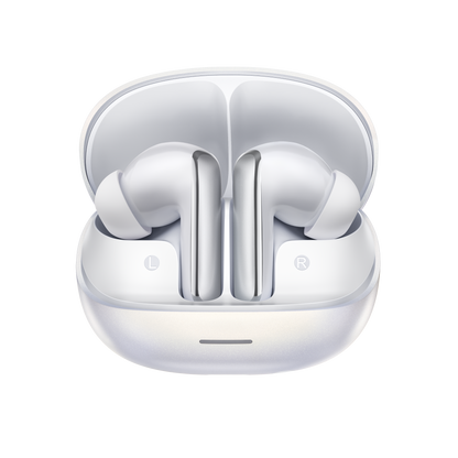 MeloBuds N65 – białe słuchawki True Wireless z etui ładującym, oznaczone L i R.