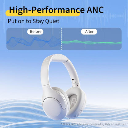Black QCY H3 Lite headphones with high-performance ANC, showing before and after noise reduction on blue background.