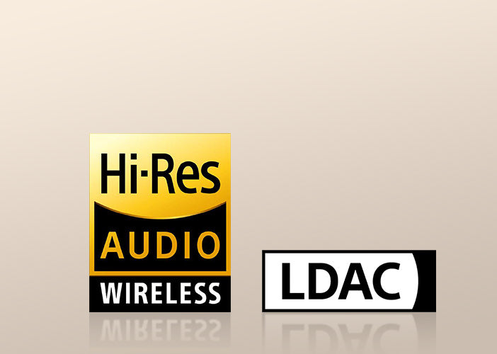 Logo Hi-Res Audio Wireless i LDAC dla wysokiej jakości bezprzewodowego odtwarzania dźwięku.