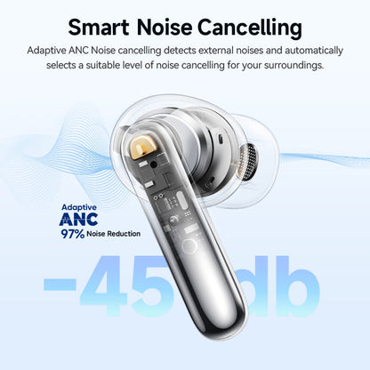 Black QCY Melobuds N50 earbud showcasing smart noise cancelling with adaptive ANC and 97% noise reduction capability