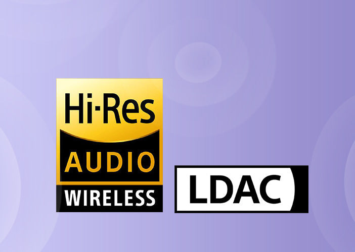 Logo Hi-Res Audio Wireless i LDAC na fioletowym tle