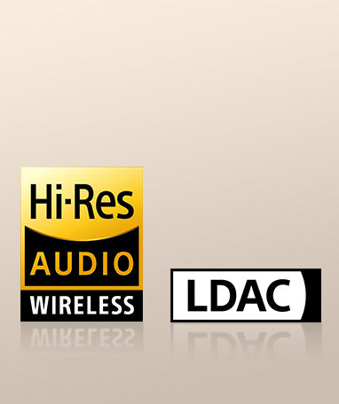 Logotypy Hi-Res Audio Wireless i LDAC dla wysokiej jakości bezprzewodowej transmisji dźwięku.