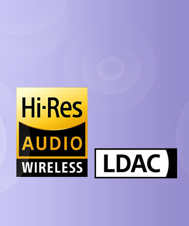 Logo Hi-Res Audio Wireless i LDAC na fioletowym tle.