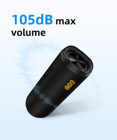 Czarny przenośny głośnik Bluetooth o maksymalnej głośności 105 dB, kompaktowy i wydajny do użytku w podróży.