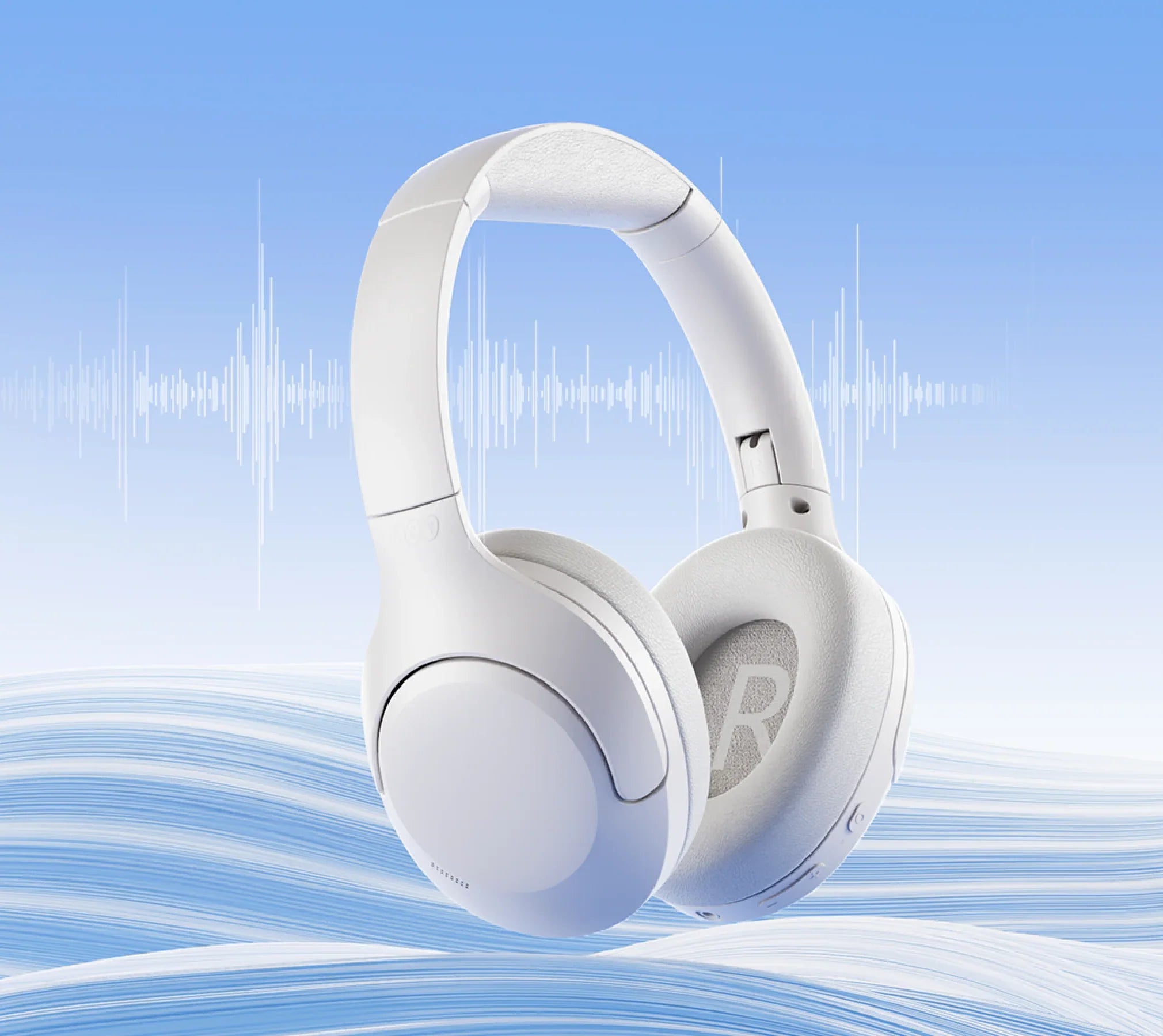Białe słuchawki nauszne z redukcją szumów i technologią Bluetooth na niebieskim tle z falami dźwiękowymi.