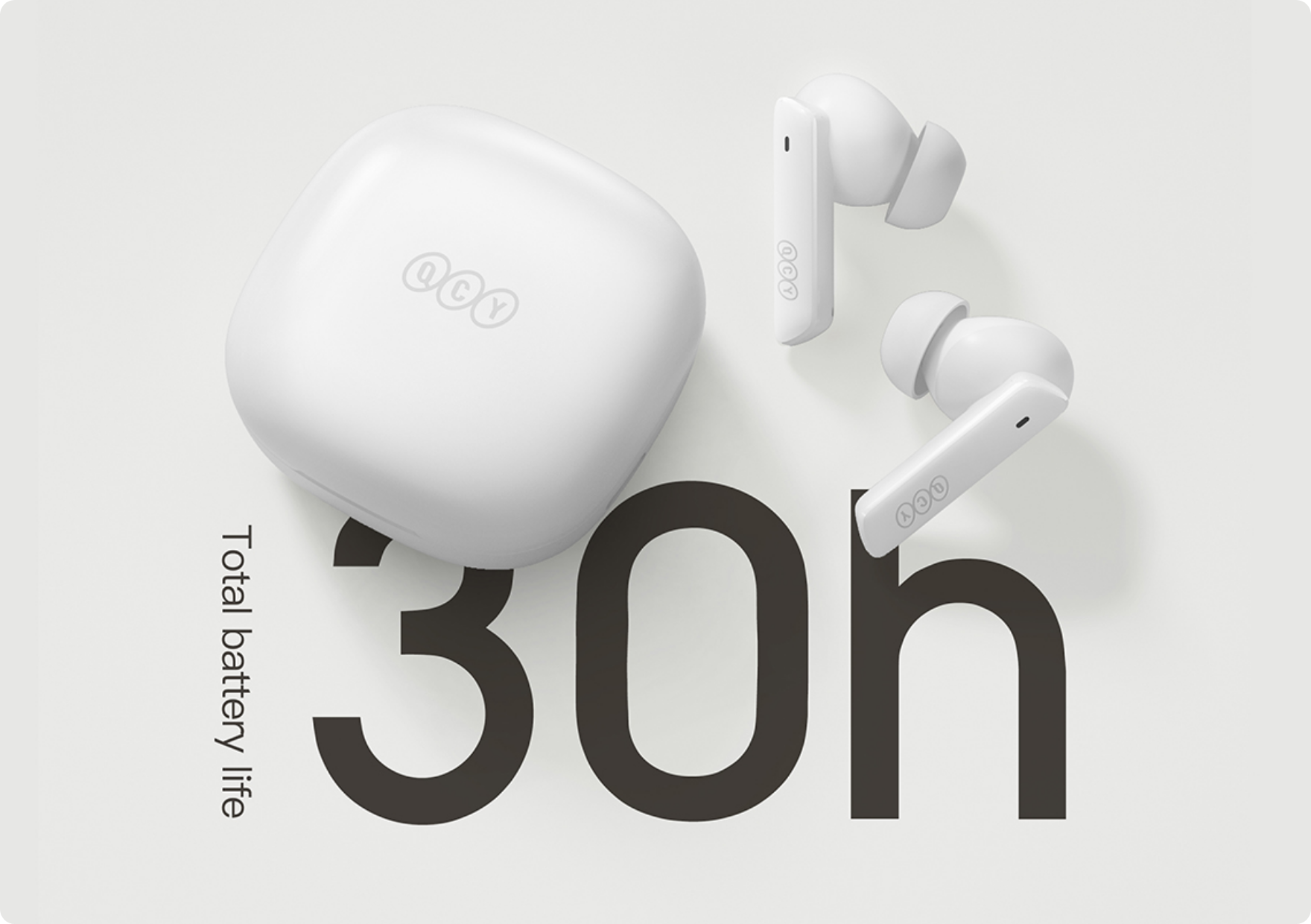 Białe słuchawki Bluetooth QCY T13 z etui ładującym, 30 godzin pracy na baterii, bezprzewodowe, design douszny do muzyki i rozmów.