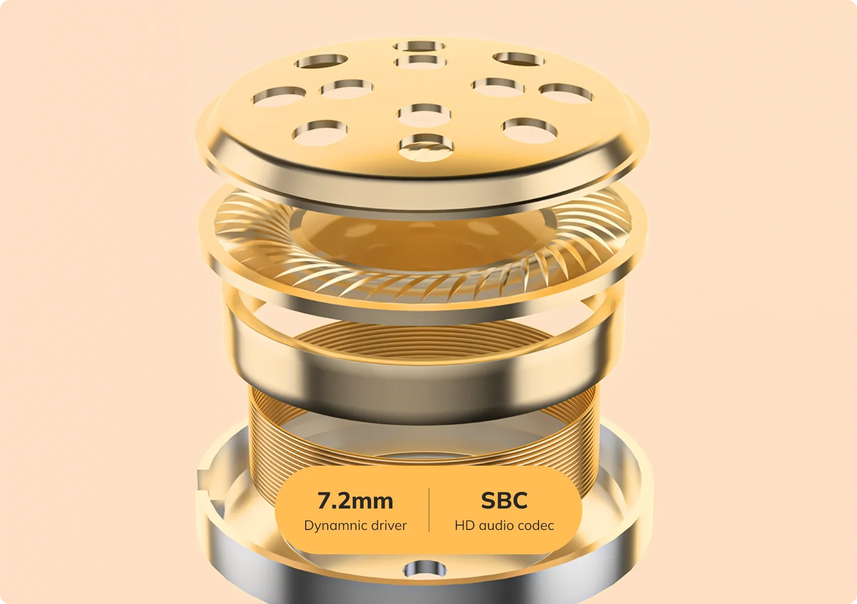 Złoty przetwornik głośnikowy o dynamice 7,2 mm i kodeku audio SBC HD.