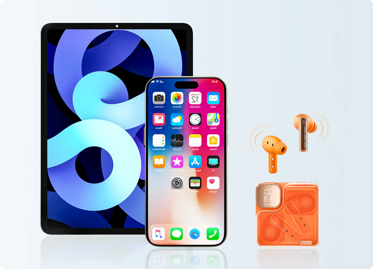 iPad, iPhone i pomarańczowe bezprzewodowe słuchawki na jasnym tle.