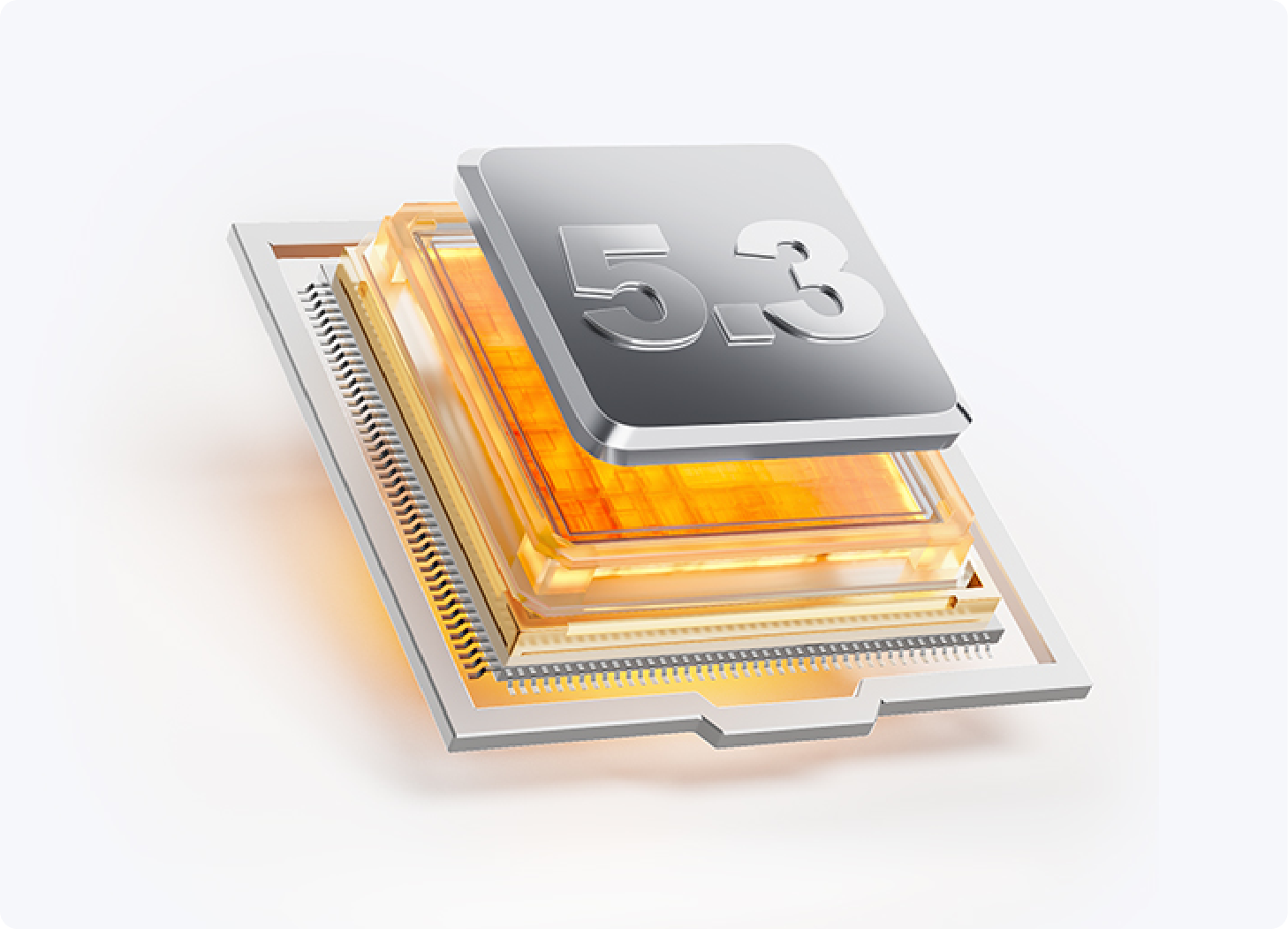 Procesor CPU 5.3 z przezroczystym designem, nowoczesną architekturą mikroczipa i świecącymi złotymi warstwami na białym tle