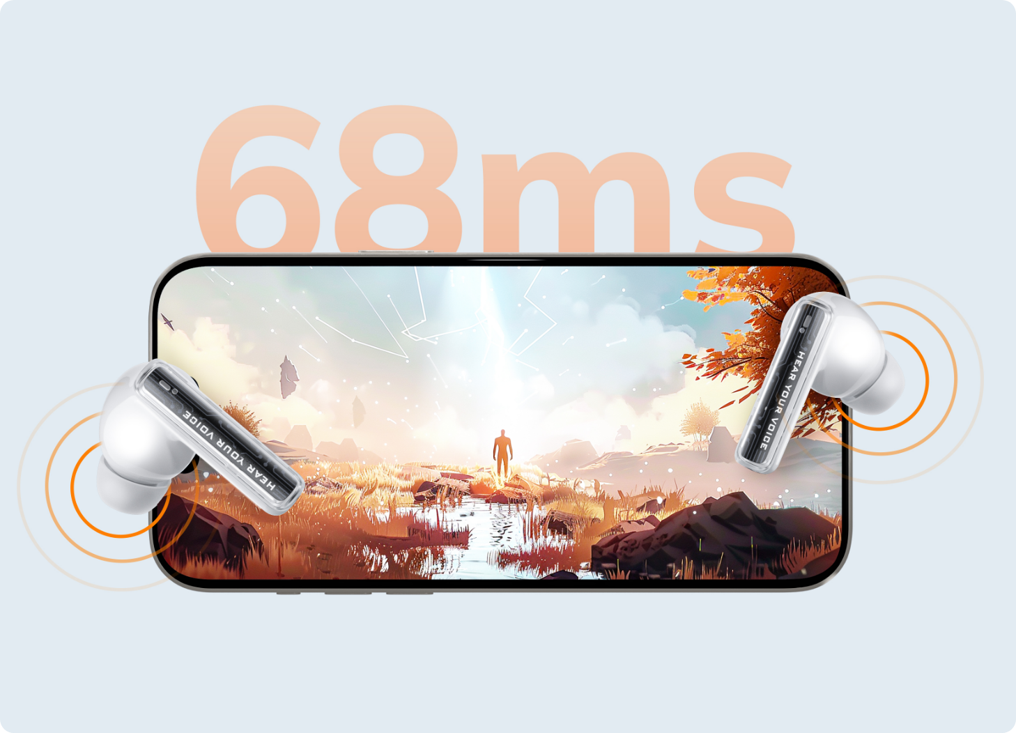Białe słuchawki Bluetooth przed smartfonem z wyświetlaczem opóźnienia 68 ms i jesiennym krajobrazem na ekranie.