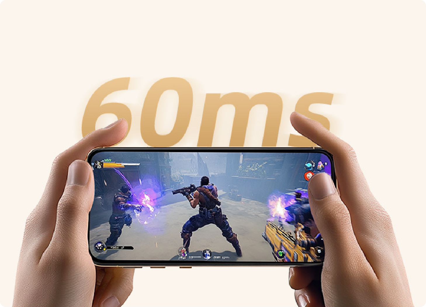 Ręce trzymają smartfon podczas gry z czasem reakcji 60 ms, dynamiczna strzelanka na ekranie.