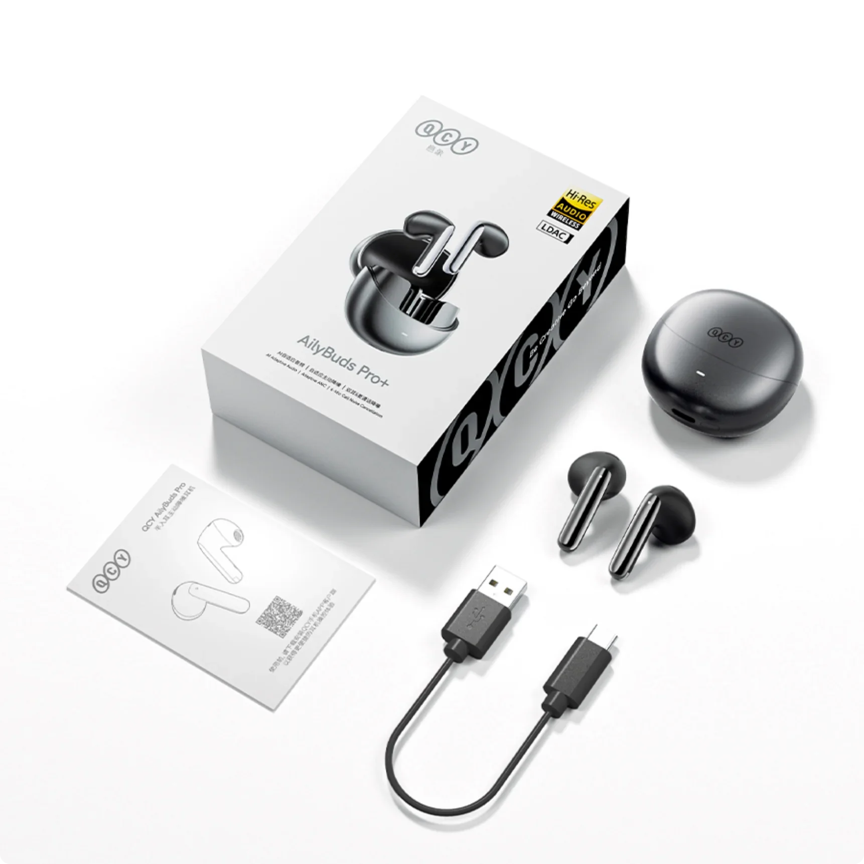 QCY AilyBuds Pro+ Bezprzewodowe słuchawki z Hi-Res Audio, LDAC i kablem ładującym USB-C w zestawie
