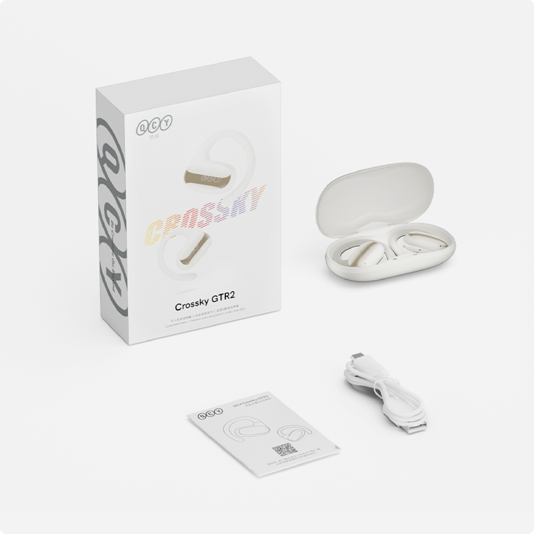 Słuchawki Bluetooth QCY Crossky GTR2 białe z etui ładującym, kablem USB i instrukcją.