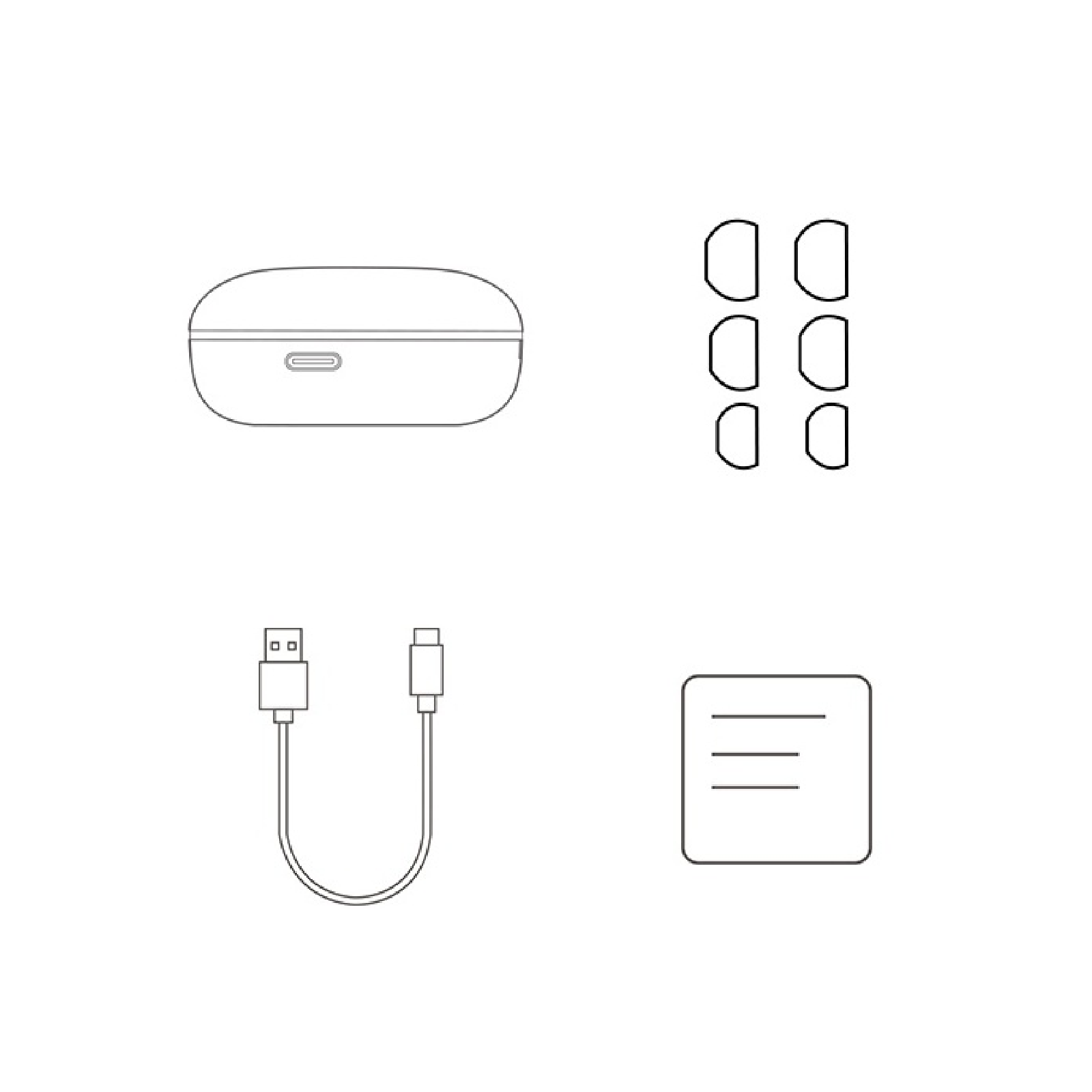 Części zamienne do bezprzewodowych słuchawek: etui, słuchawki, kabel USB i instrukcja.
