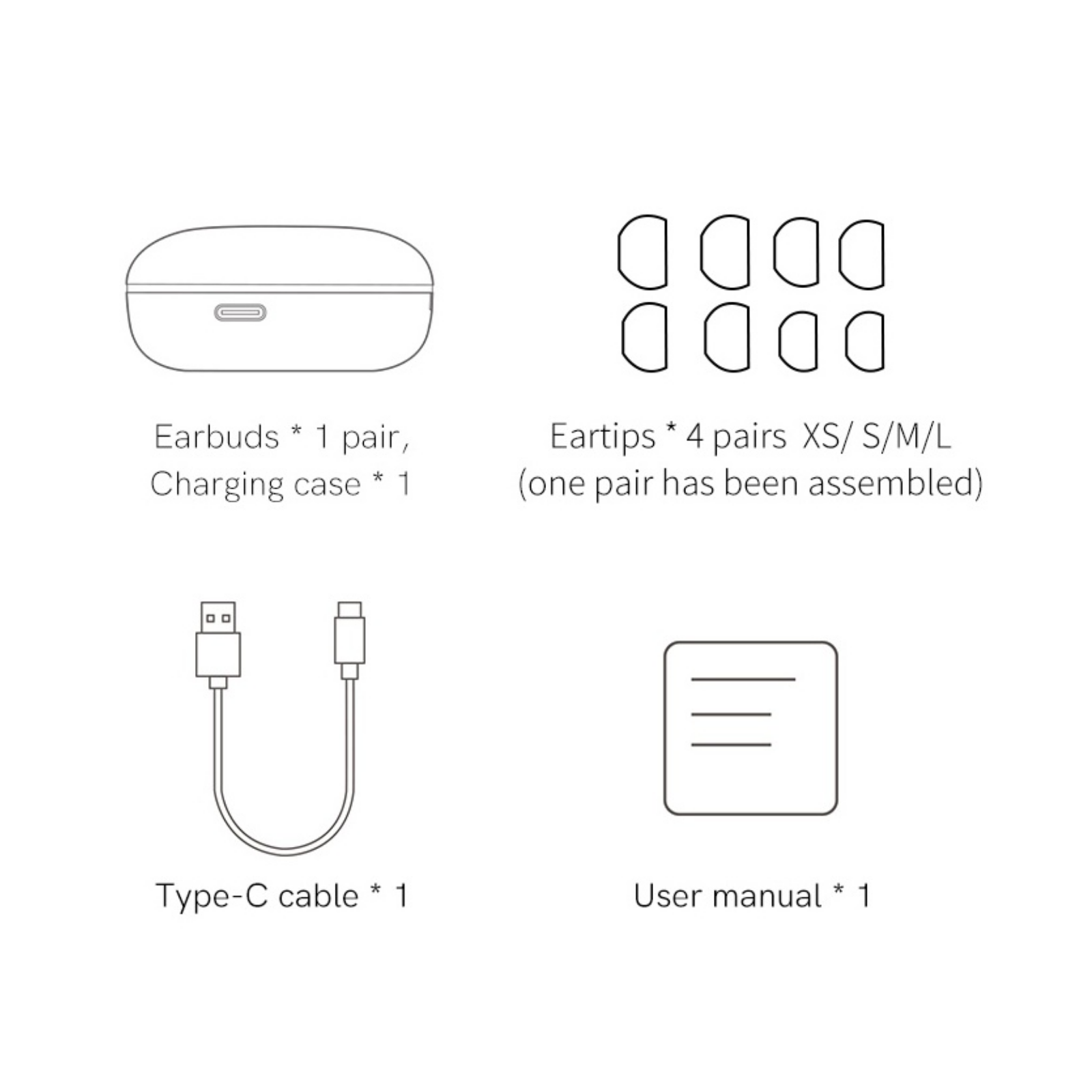 Słuchawki douszne z etui ładującym, 4 rozmiary wkładek do uszu, kabel ładujący USB-C oraz instrukcja obsługi.